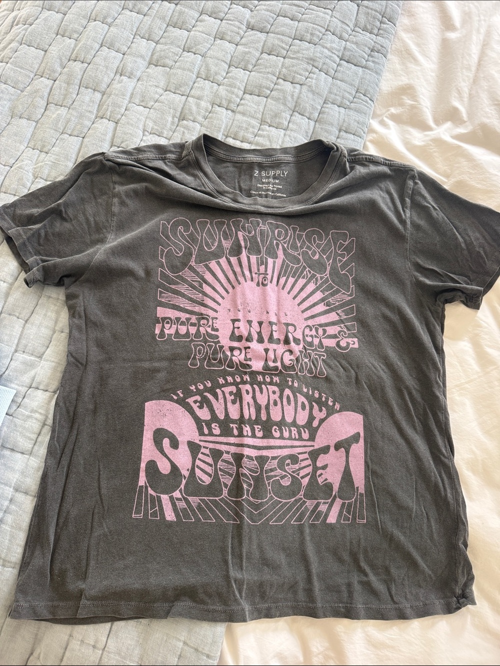 Z Supply Charcoal Short Sleeve Tee with Pink Sunrise Graphic